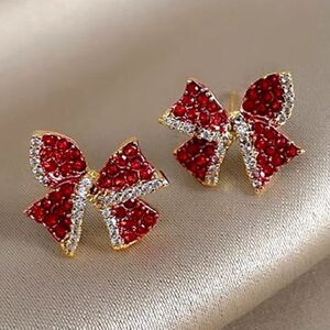 Red Zircon Bow Christmas Earrings Sparkling Holiday Earrings New In Gift Box
